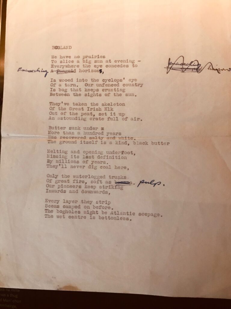 An early draft of the poem Bogland with handwritten notes by Seamus Heaney