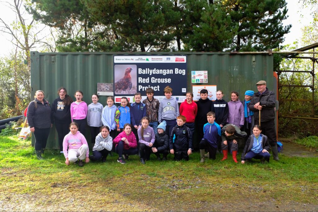 Photo of the class group with School principal Katie Feehily, Helen Shaw Tóchar Stories and Pat Feehily, Ballydangan Bog Red Grouse Project 