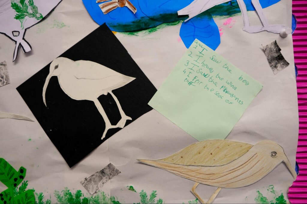 Photo of some of the children’s collage work outlining “I saw the bog, I heard the wind” (photo Sophie Carroll Hunt)

