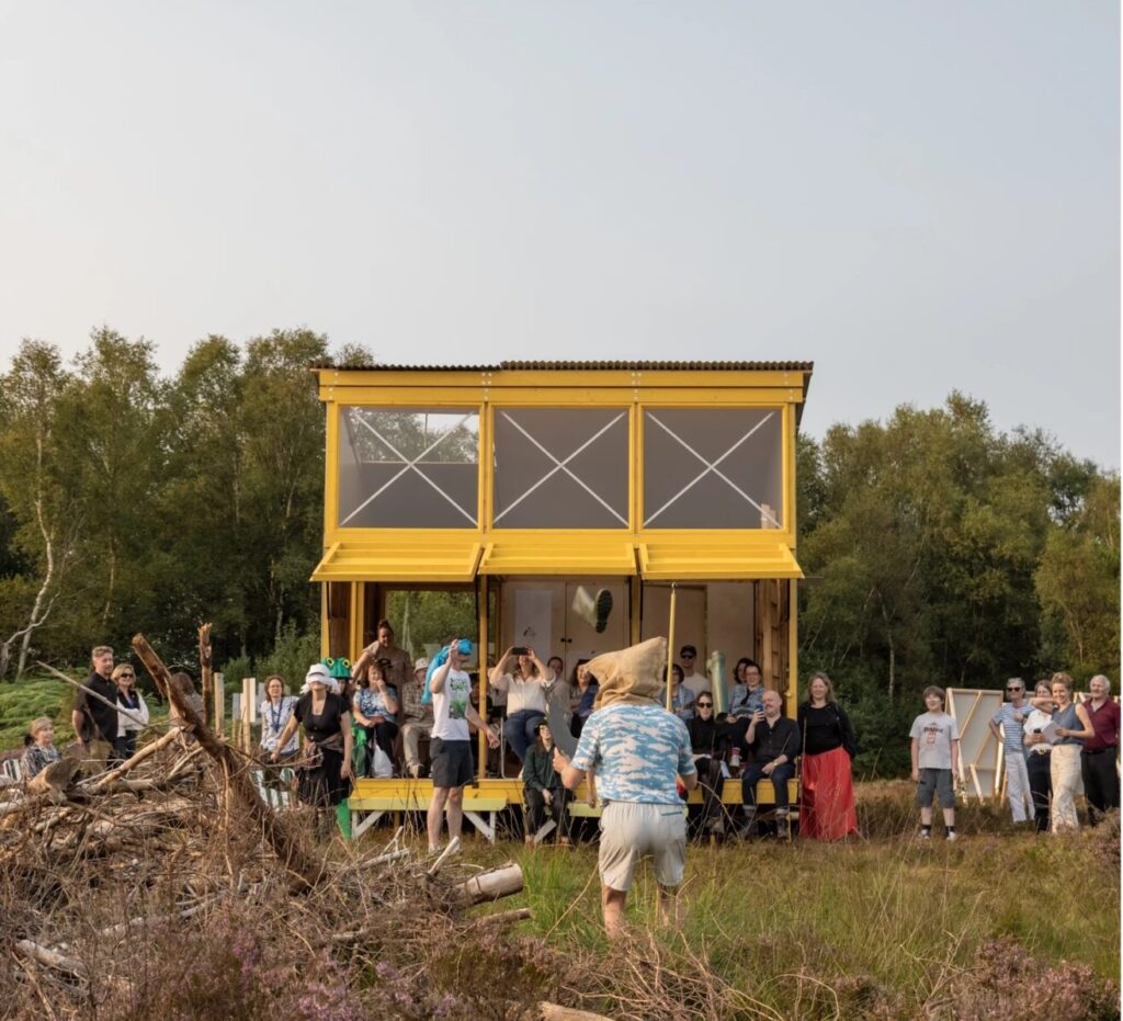 Photograph of the Bog Bothy in Girley Bog, Co. Meath, August 2025: folk games with Friends of Ardee Bog. Photo by Ste Murray.