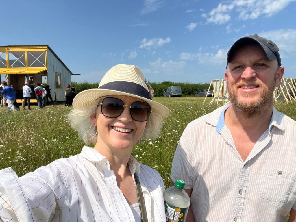 Photograph of Shirley Clerkin, Tóchar Project Manager and Fernando Fernandez, NPWS Ecologist at the Bog Bothy at Clara Bog in July 2025. 