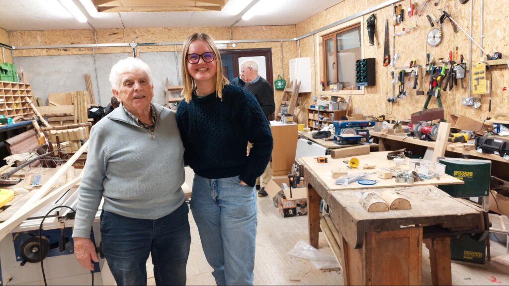 Photograph of Tómas and Katie in the Mountbellew Men’s Shed