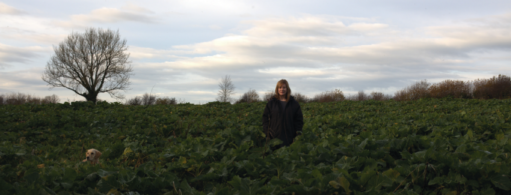 Woman with blonde hair standing alone several metres away in a field with kale growing all around her. There is also a dog amongst the kale to her right. And a large tree in the background.