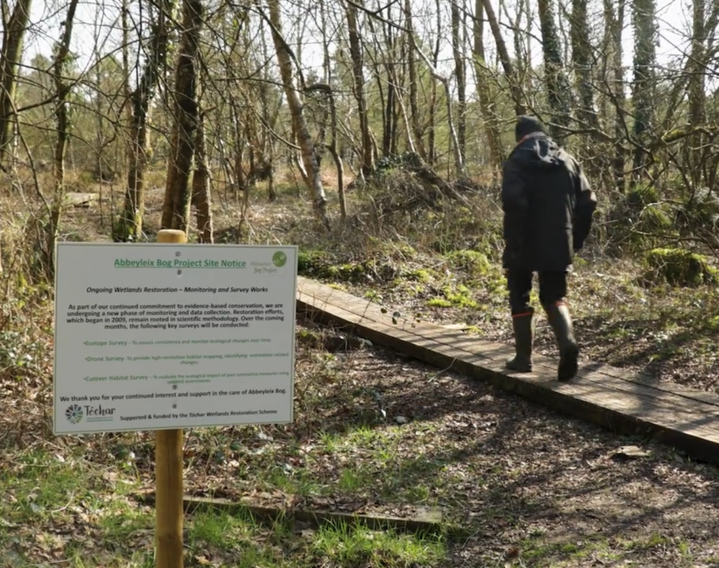 Photograph of Hugh Shepherd on the bog loop where the Tóchar Wetlands Restoration survey work is signposted