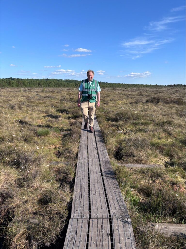 Photograph of Des Finnamore, Abbeyleix Bog Project leader, on the boardwalk created by volunteers (credit Helen Shaw)