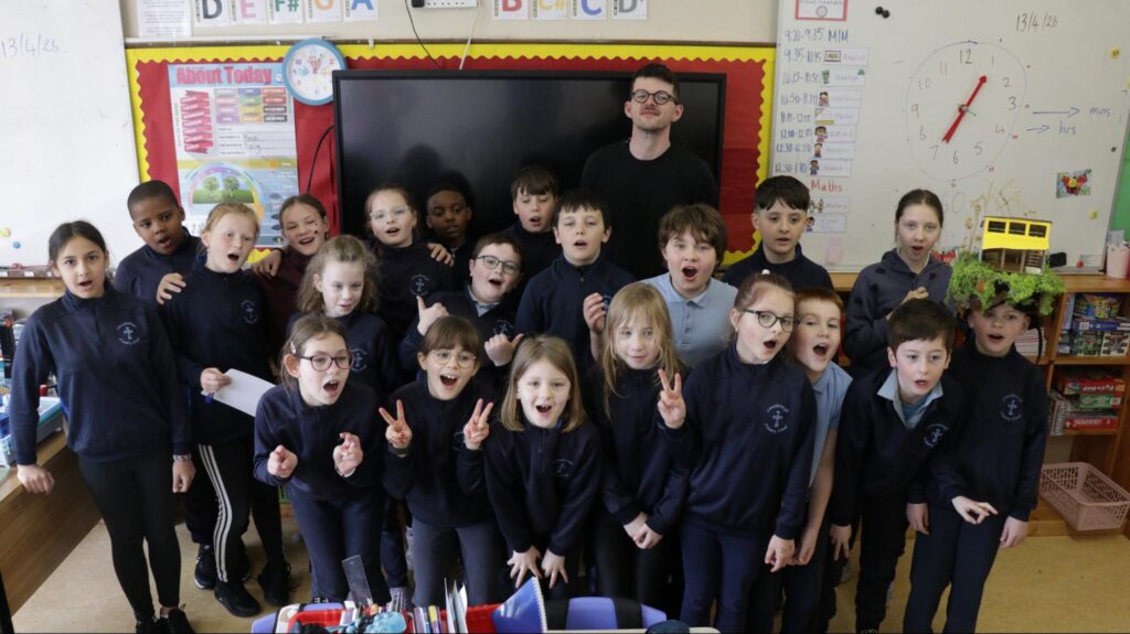 Photograph of Luke Casserly with 3rd and 4th Class, Lanesborough Primary School (credit Stephen Crilly)
