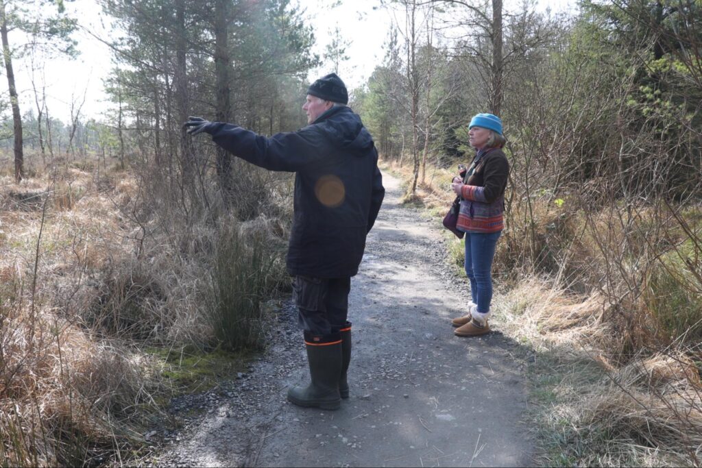 Photograph of Hugh Shepherd and Helen Shaw on the Abbeyleix Bog walk, March 2026 (Credit Stephen Crilly)