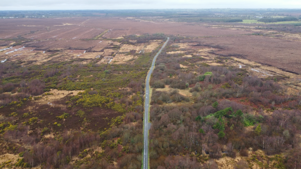 Drone photograph of Carrownagappul Bog, showing the road and the scale of the bog (credit Stephen Crilly)
